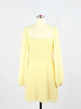 Aritzia WILFRED Tempest Yellow Chiffon Smocked Long Sleeve Mini Dress, Size 4